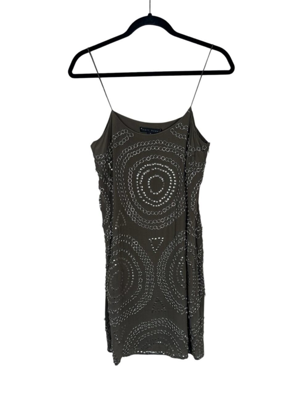Vintage Sheri Bodell Grey Studded Mini Bodycon Dress Womens M Y2K Bikercore